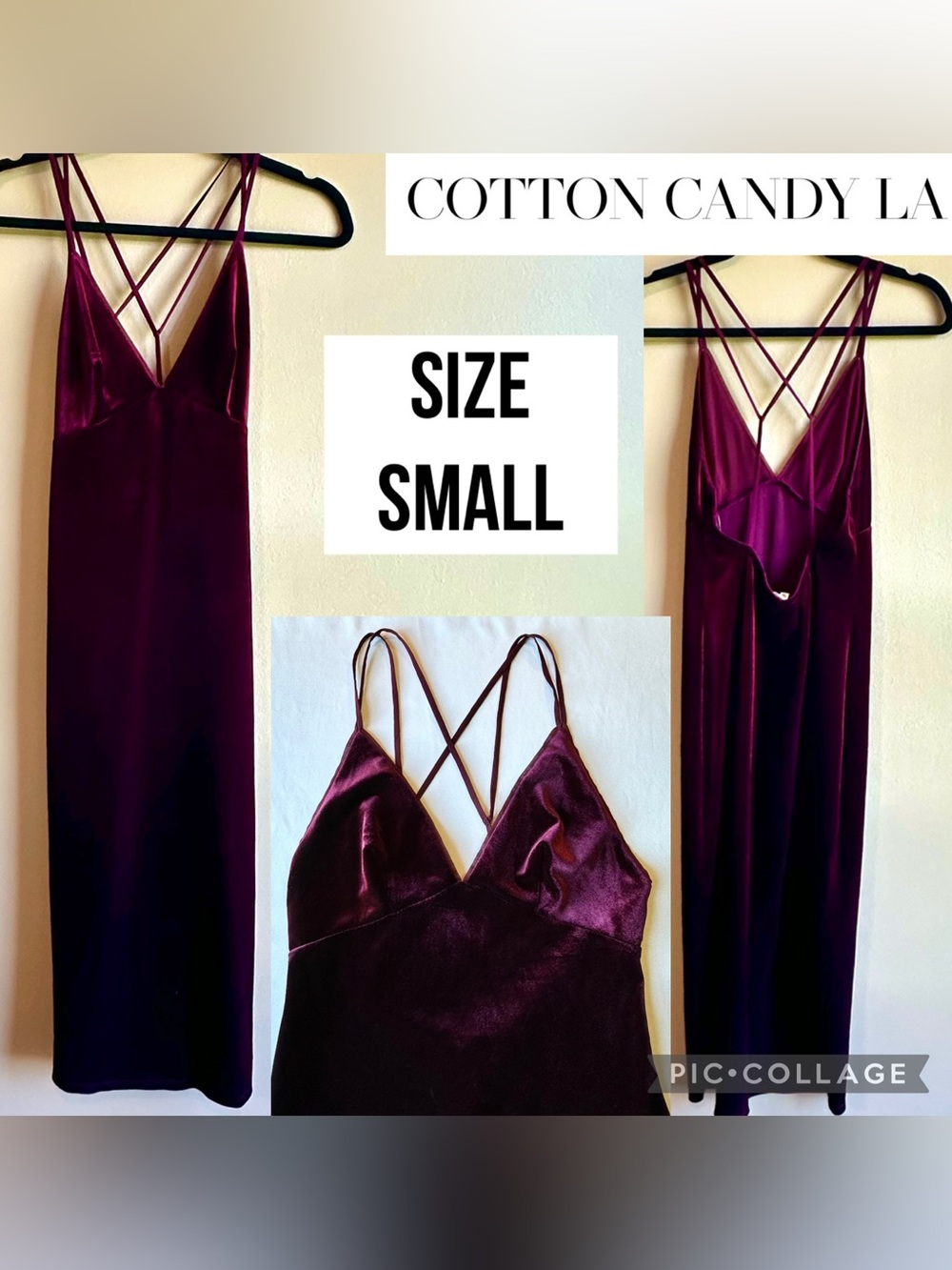 Cotton Candy LA Women’s Dress Burgundy Velvet V-Neck Midi Strappy Low Back Sz S
